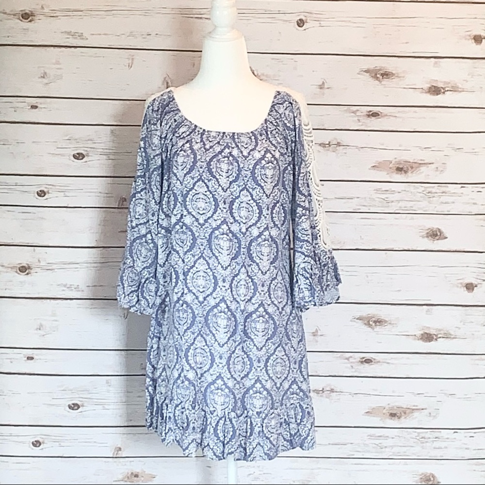 JODIFL BLUE AND WHITE PRINT OFF THE SHOULDER DRESS